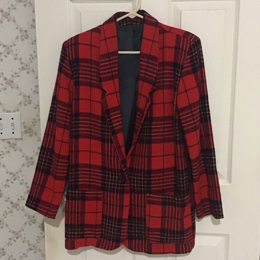 Xmas Vintage 80’s/90’s Barrie Stephens Darker Red Plaid One Button Blazer Size 4